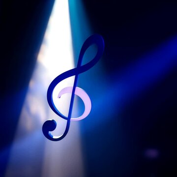 Silhouette of treble clef in blue light, melody, logo