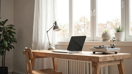 Minimalist Home Office Interior with Wooden Desk, Laptop, Lamp, and Plants by a Bright Window

