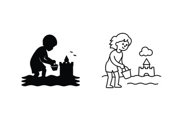 Children Building Sandcastles Summer Fun, Beach Play, Silhouette, Outline