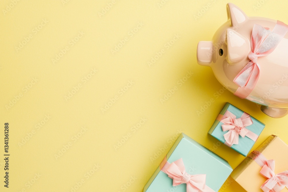 Poster a flat lay arrangement of a piggy bank and gift boxes on a yellow background, shot from directly abo