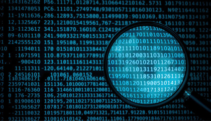 Digital data magnified through lens, showcasing binary code and technology
