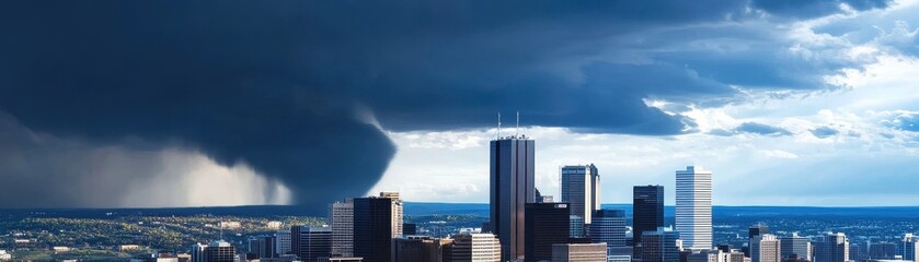 City skyline looming under dark storm clouds as fierce winds begin to pick up, creating an ominous atmosphere.