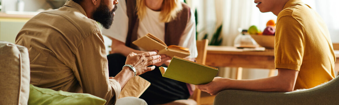 Engaging conversation among young men in contemporary book club at home during a cozy gathering