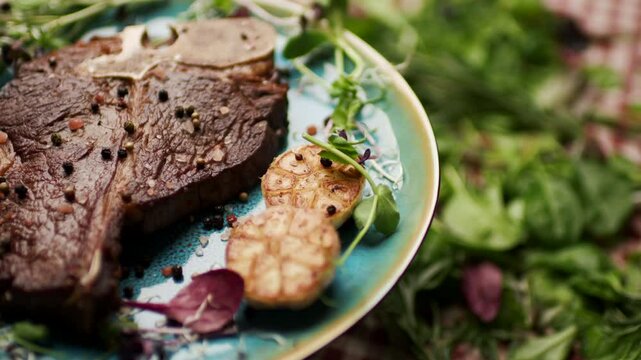 Grilled T-Bone Steak Rotating on Table with Fresh Greenery