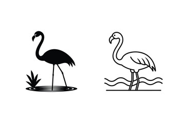 Flamingo silhouettes black, line art, wading bird, tropical, elegant, nature, illustration, vector, 