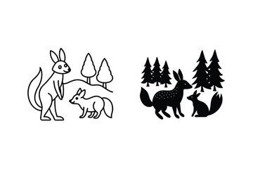 Australian Outback Animals Kangaroo, Fox, Forest, Wildlife, Line Art, Silhouette, Nature