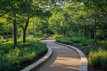 A modern jogging trail weaving through an urban park filled with prehistoric greenery, creating a unique fusion of past and present