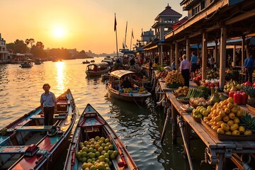 Vibrant Floating Market Scene at Sunset with Boats Filled with Produce and People Shopping

