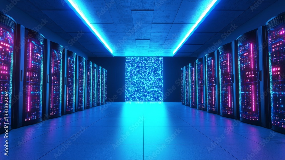 Poster the server room of a data center or internet service provider contains data servers behind glass pan
