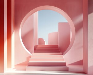 A modern pink staircase leading through a circular arch into a serene outdoor space, showcasing contemporary design.