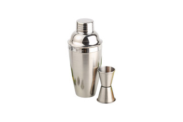 A reflective metal cocktail shaker with a matching jigger, essential tools for crafting expertly mixed drinks at home or a bar, isolated on a transparent background