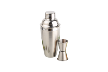 A reflective metal cocktail shaker with a matching jigger, essential tools for crafting expertly mixed drinks at home or a bar, isolated on a transparent background