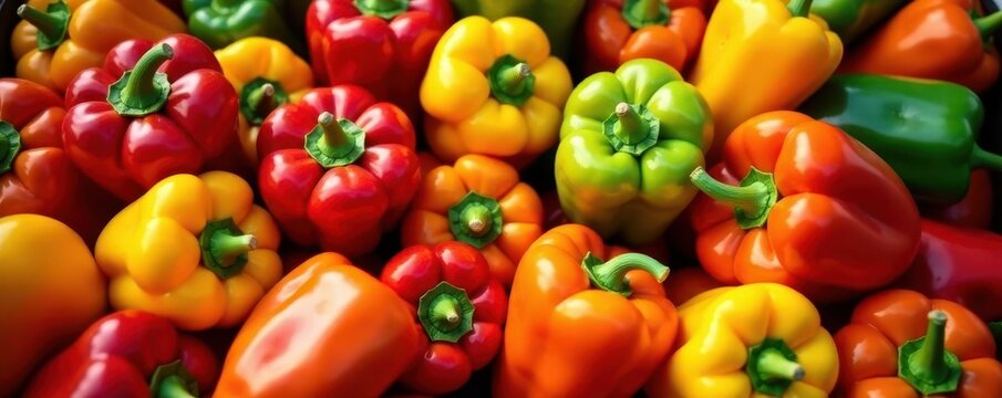 Sun-drenched heap of diverse Spanish peppers, various shapes & colors , guindillas, healthy
