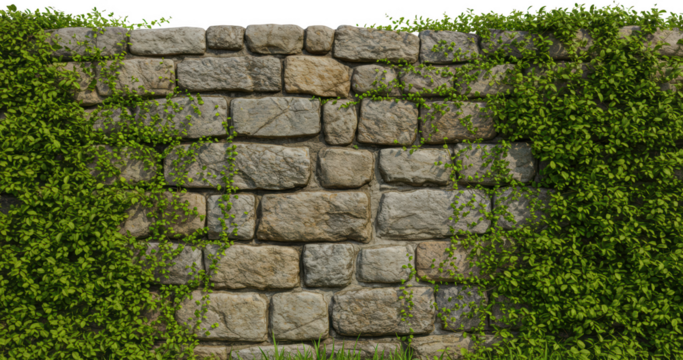 Stone Wall Covered with Lush Green Vines Nature Texture Background