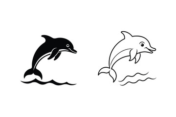 Two playful dolphins leaping, black and white ocean designs