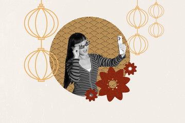 Poster sketch 3D collage of chinese culture national ornament pattern traditional sakura lamp light...