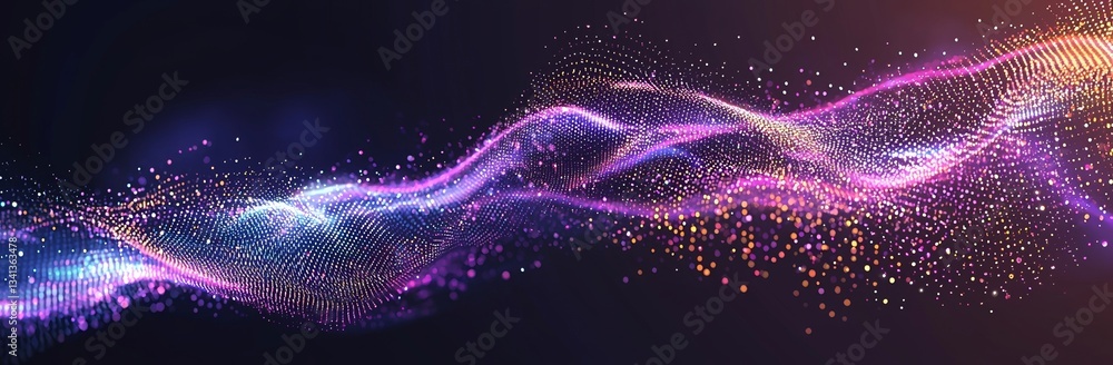 Poster An abstract technology stream background is characterized by a digital dynamic wave of dots that illustrates a network connection structure, generated through 3D rendering