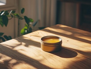 Beeswax Balm in Tin Container on Wooden Table for Natural Skincare and Moisturizing in Soft Daylight Minimalistic Style Selective Focus, Copy Space