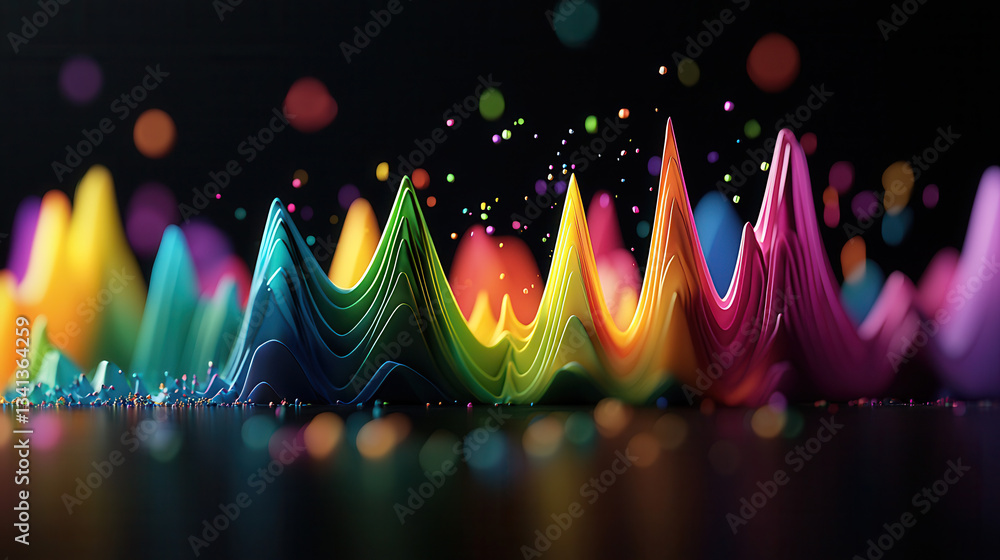 Poster vibrant 3d visualization of colorful waveforms, symbolizing data analysis, creativity, and rising tr
