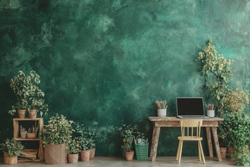 A black desk in a classroom with a laptop and school desk embodies the idea of online education, e-learning, and the necessity of distance learning during home quarantine
