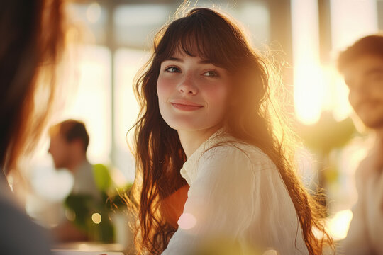 A diverse group of young professionals, including a businesswoman, collaborating on a project during a meeting in a modern, open-plan office.