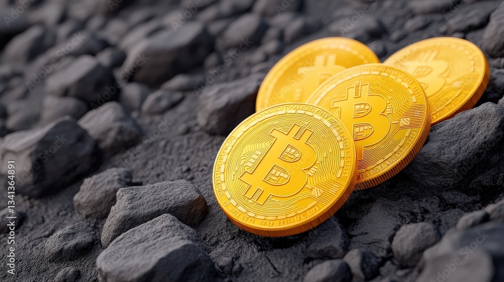 Poster three shiny bitcoin coins resting on a textured black surface, symbolizing digital currency and inve