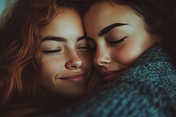 Obraz premium two woman lovingly embracing with their eyes closed, radiating warmth and affection