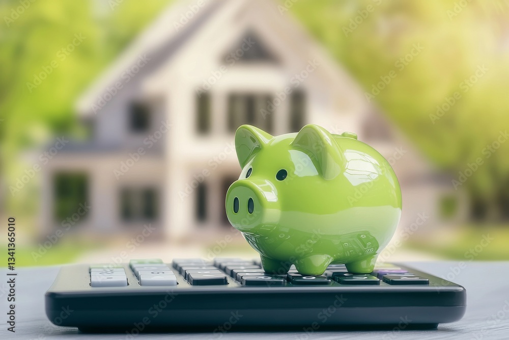 Poster a calculator with a piggy bank on top is positioned in front of a property, representing a savings p
