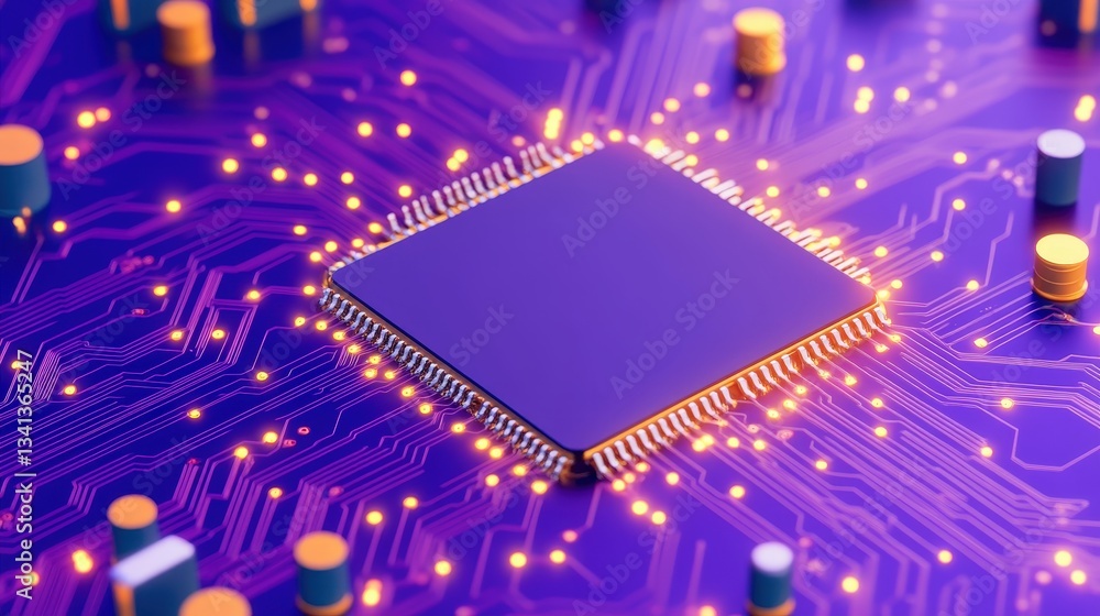 Poster a close-up of a microchip on a purple circuit board, illuminated by glowing lights and surrounded by