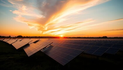Golden hour sunlight bathes rows of solar panels in a vast field, sunset hues painting the sky, power, clouds