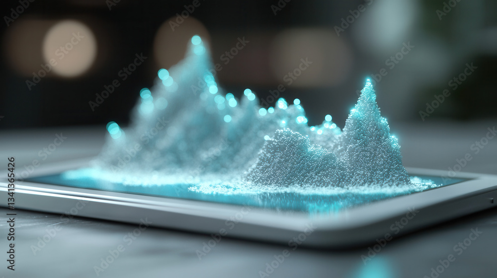 Poster glowing 3d data visualization on tablet screen, representing futuristic analytics and technology