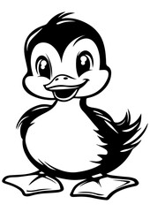 Black and white vector duck illustration. Bird character, wild animal, design. Line art for tattoo, logo, engraving, laser cutting, and design projects.