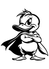 Black and white vector duck illustration. Bird character, wild animal, design. Line art for tattoo, logo, engraving, laser cutting, and design projects.