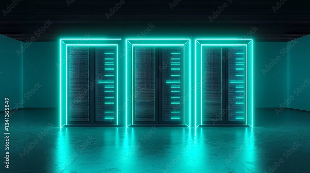 Poster in a server room, glass panels enclose networked and data servers, while a camera travels on a troll