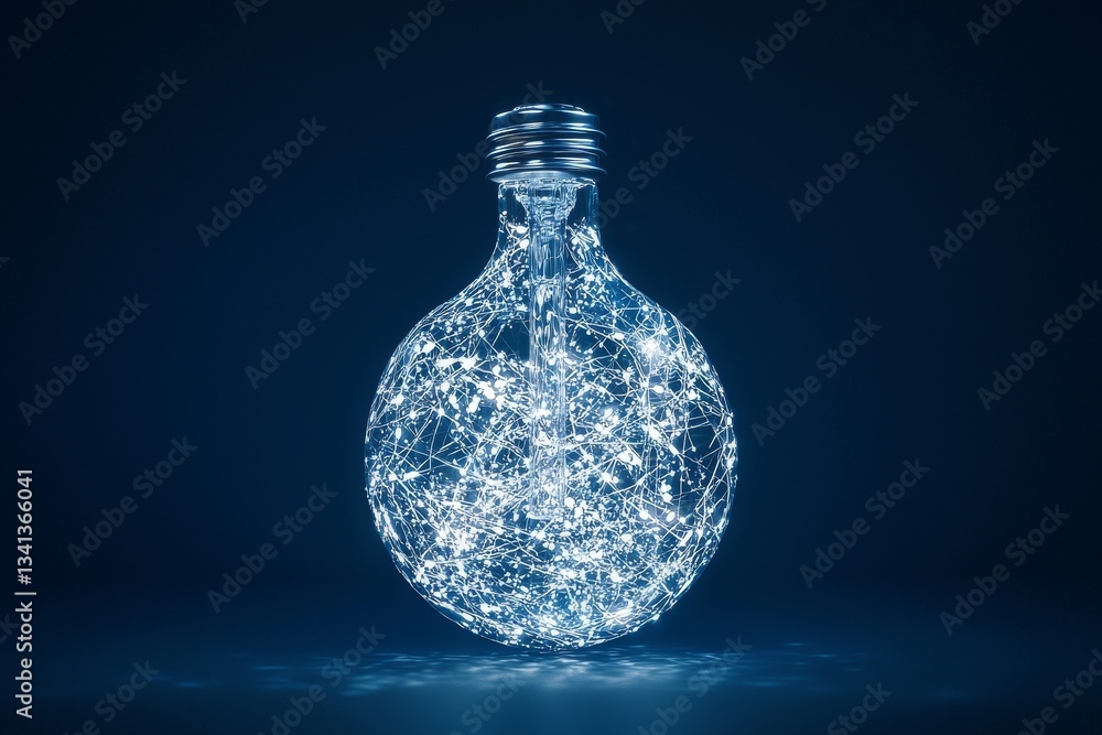 Aufkleber the 3d rendering depicts a light bulb as an illuminated wireframe set on a dark blue background