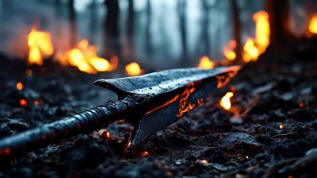 A close-up of a charred, ancient-looking spear lying on the ground amidst burning embers and a smoky forest. The scene conveys themes of aftermath, destruction, or lost civilizations. 4k 60 fps.