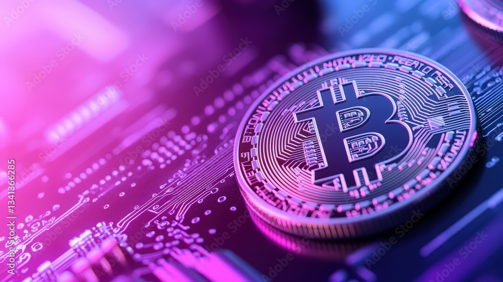 Poster a vibrant close-up of a bitcoin coin on a circuit board, highlighting the intersection of cryptocurr