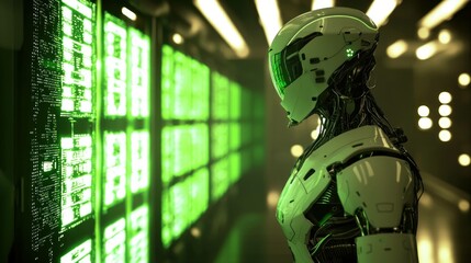 Futuristic humanoid robot with glowing green accents examining data on digital screens in a high tech environment, showcasing advanced technology and artificial intelligence