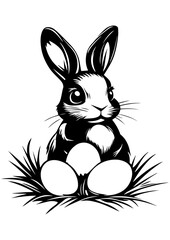 Obraz premium Black and white vector cartoon bunny, rabbit, hare illustration. Rabbit character, wildlife design. Line art for tattoo, logo, engraving, laser cutting, and design projects.