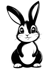 Obraz premium Black and white vector cartoon bunny, rabbit, hare illustration. Rabbit character, wildlife design. Line art for tattoo, logo, engraving, laser cutting, and design projects.