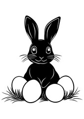 Fototapeta premium Black and white vector cartoon bunny, rabbit, hare illustration. Rabbit character, wildlife design. Line art for tattoo, logo, engraving, laser cutting, and design projects.