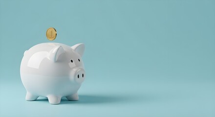 Monedas que caen al cerdito blanco ahorrando, concepto financiero y de depósito de dinero.
