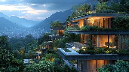 Fototapeta premium Luxury Apartments Nestled in Lush Green Hills Overlooking Distant City
