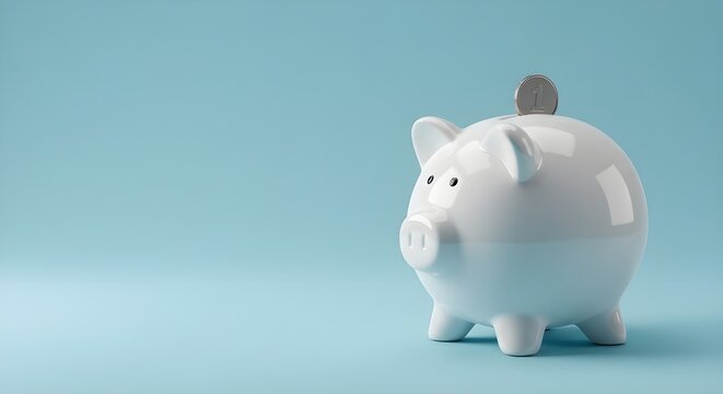 Monedas que caen al cerdito blanco ahorrando, concepto financiero y de dep&oacute;sito de dinero.
