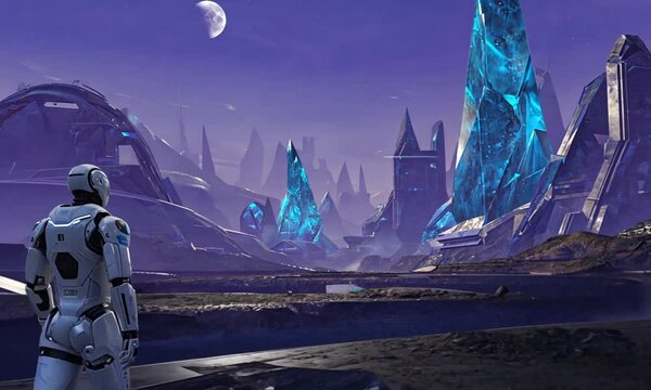 Futuristic exploration: robotic traveler in alien landscape with crystal peaks.