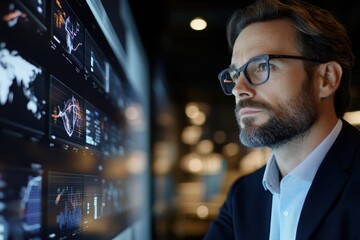 Fototapeta premium A strategist meticulously studies innovative digital data insights showcased on a large display, emphasizing analytical precision in strategic planning.