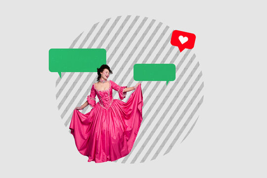 Contemporary art banner collage of happy countess girl dance bubble notification heart icon social media blogger masquerade