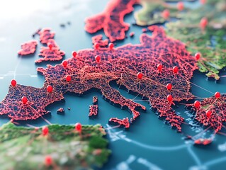 Europe map with red network and markers on the ground