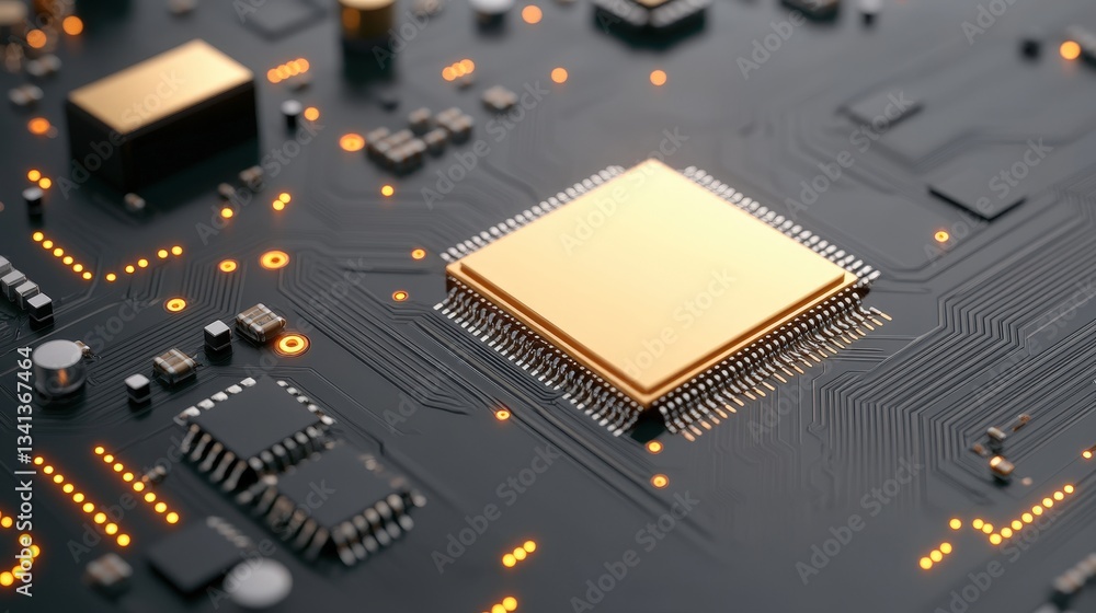 Poster a close-up view of a circuit board featuring a central gold microchip, surrounded by electronic comp