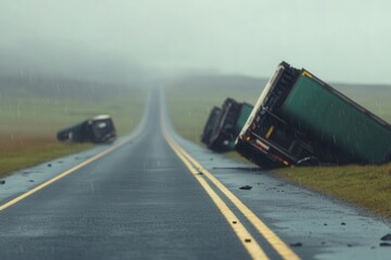 Deserted highway scene featuring overturned trucks, a stark reminder of nature's power and high winds' impact.